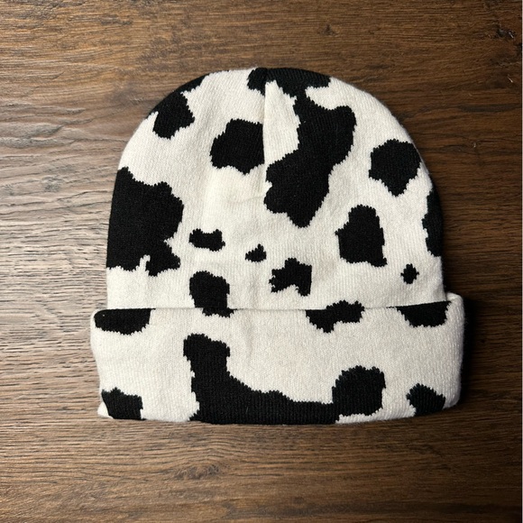 Cow Print Petals and Peacock Beanie - Picture 2 of 3